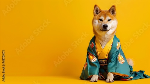 A Shiba Inu Dressed in Traditional Japanese Garb Playing Karuta,A Captivating Surreal on a Bright Yellow Background photo