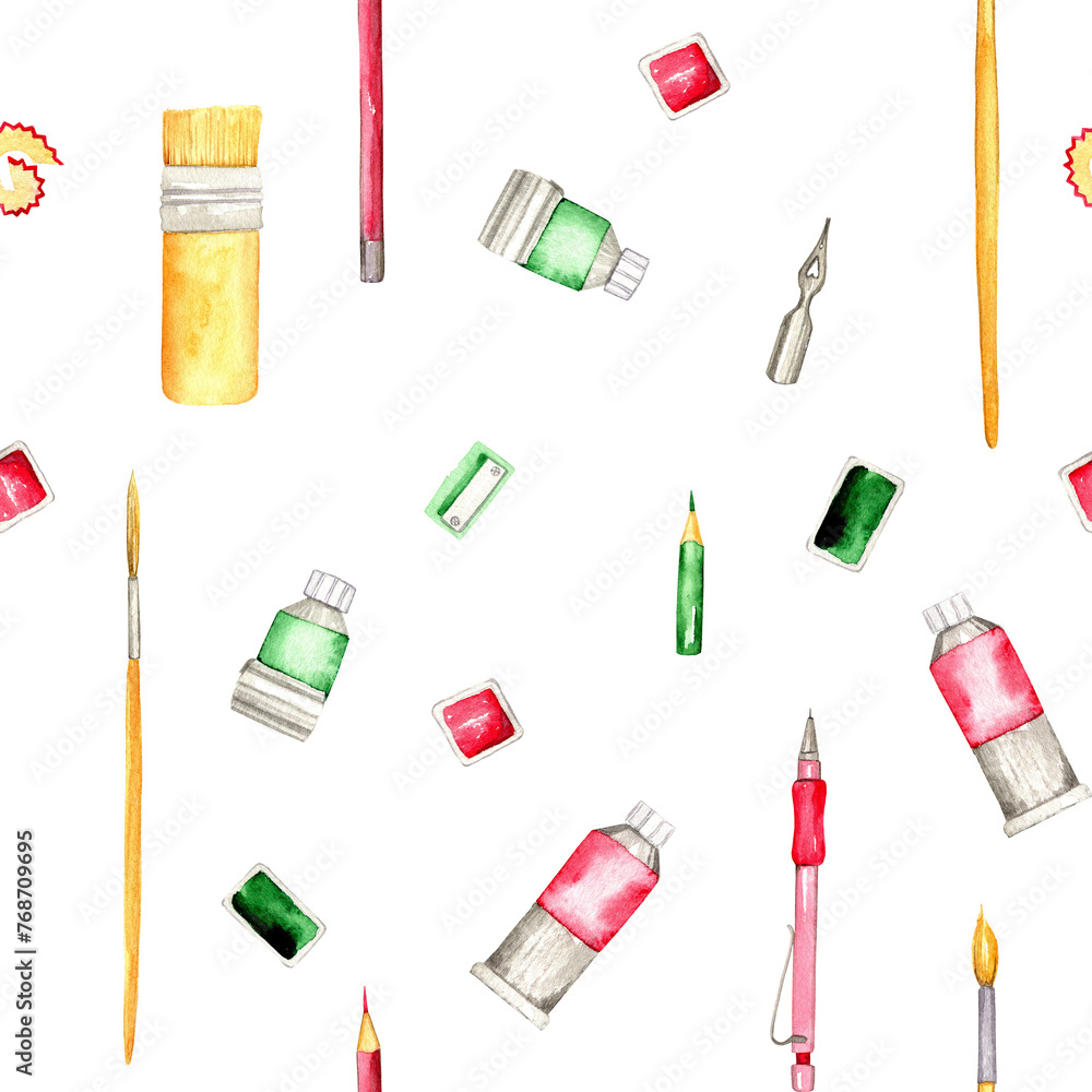 pencils and brushes with paints are drawn in watercolors, seamless pattern for wallpaper, packaging and textiles pencils and brushes with paints are drawn in watercolors, seamless pattern for wallpaper, packaging and textiles