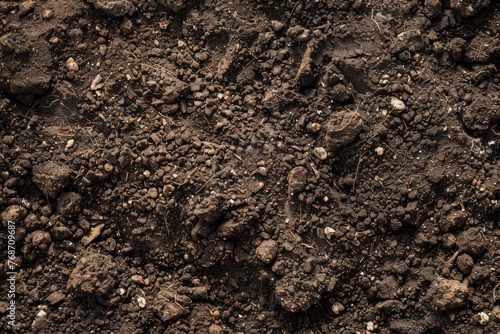 Close-up of rich, dark fertile soil with a rough, textured surface, perfect for gardening and agriculture, photo