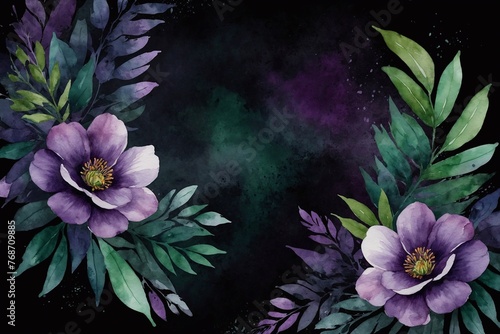 vintage watercolor border of purple flowers on black  background