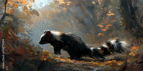 Solitary Skunk Wandering Through Autumnal Forest Path Misunderstood Creature Exploring the Wild and Mysterious Woodland