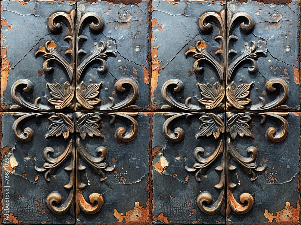 Seamless texture, antique wooden blue painted grunge gate with wrought-iron artistic floral decorations Seamless texture, antique wooden blue painted grunge gate with wrought-iron artistic floral decorations