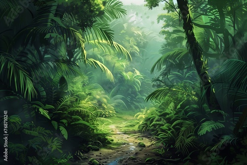 Natural tunnel in tropical jungle forest. Lush, foliage and trees of evergreen dense rain forest.