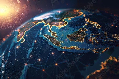 Connected digital world centered on Southeast Asia, global network and data exchange concept with Earth globe, technology background photo