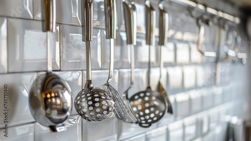 Shiny silver ladle and spatula hanging on hooks against a tiled kitchen backsplash, adding a touch of culinary charm. photo