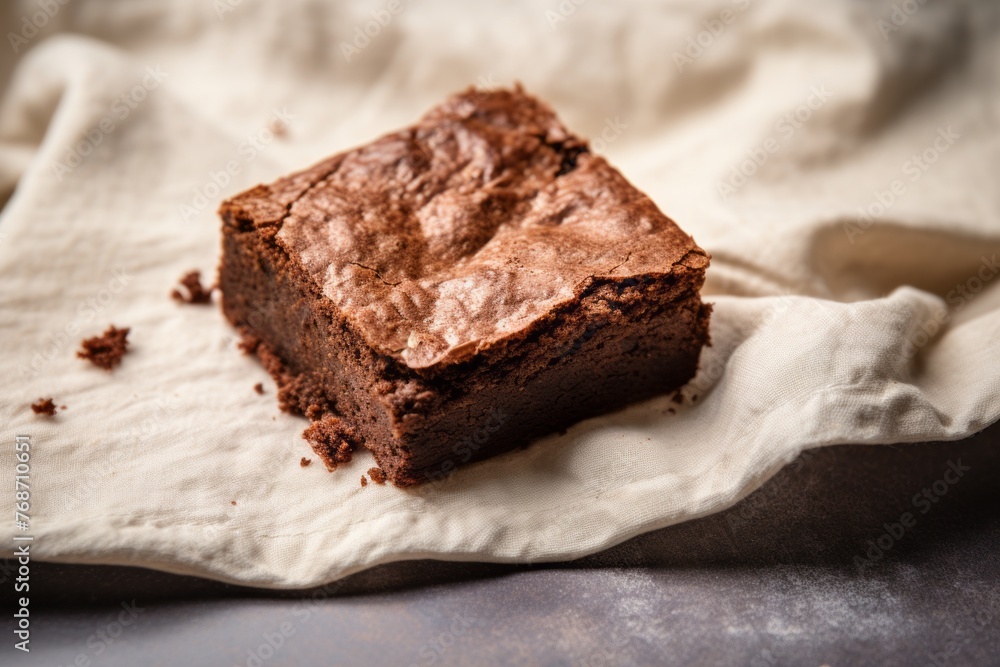 Tasty brownie on a marble slab against a natural linen fabric background Tasty brownie on a marble slab against a natural linen fabric background