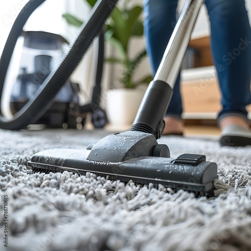 Detailed shot of a person cleaning a carpet with a vacuum cleaner, showcasing the thorough cleaning process.