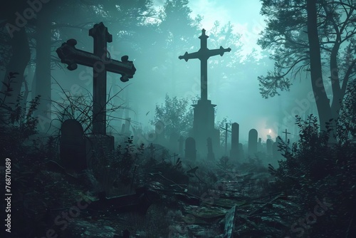 Creepy Abandoned Cemetery in Foggy Woods at Night, Halloween Horror Atmosphere, Digital Art Illustration