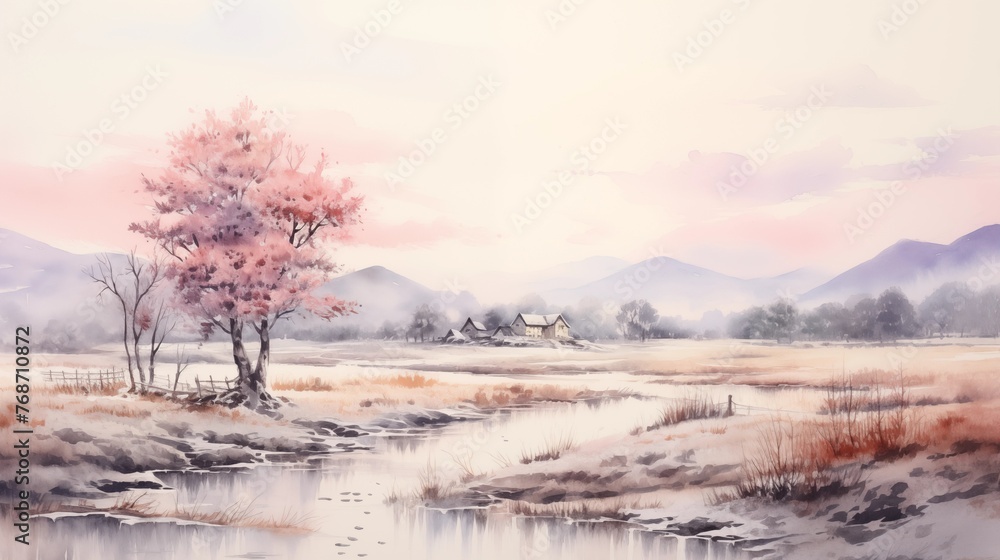 Nature scenery watercolor line wash painting with river and tree. Aesthetic background for wallpaper and poster. Nature scenery watercolor line wash painting with river and tree. Aesthetic background for wallpaper and poster.