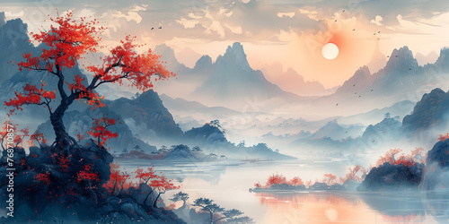 Traditional eastern art. Ink painting. Zen. ancient scroll. Fantasy landscape panorama. Background wallpaper, poster, invitation, flyer, banner, email, header, social media post. Generative Ai content © Evgeniy