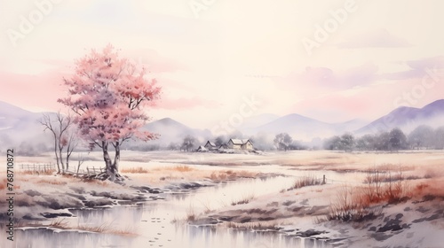 Nature scenery watercolor line wash painting with river and tree. Aesthetic background for wallpaper and poster.