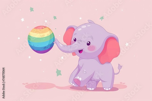 Cute baby elephant playing with colorful ball  adorable cartoon animal character illustration