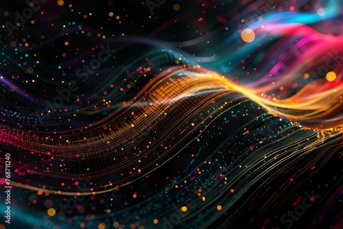 Dark abstract background with colorful lines and dots, digital art inspired by quantum waves - Futuristic wallpaper