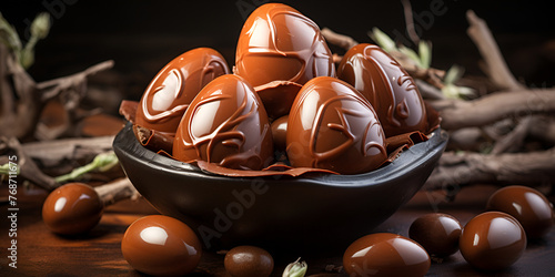 Delicioso ovo de páscoa de chocolate detalhes de chocolate e trufas com enfeite de cacau em pó
 photo