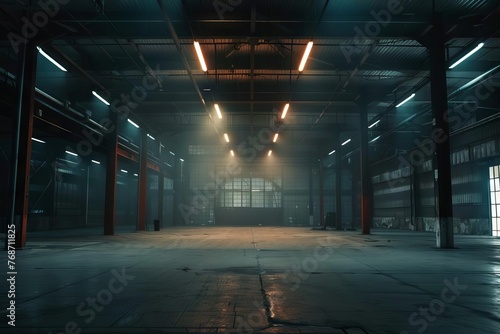 Dramatic lighting in an empty warehouse, evoking a mysterious ambiance