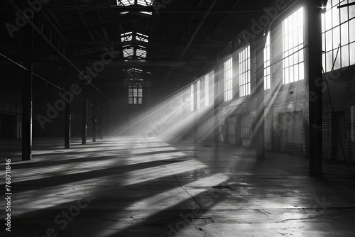 Dramatic lighting in an empty warehouse, evoking a mysterious ambiance