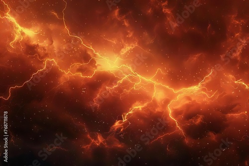 Dramatic Orange Lightning Bolts Striking Across a Stormy Night Sky, digital art