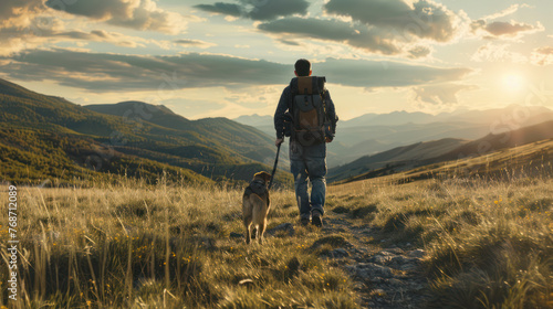 Un hombre blanco cargando una mochila de senderismo y su perro de senderismo por una montaña con luz de atardecer © Anta