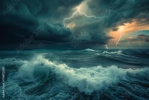 Dramatic storm clouds and lightning over a turbulent ocean with crashing waves, moody seascape photography
