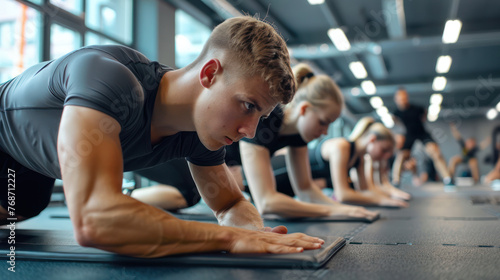 Grupo de deportistas realizando ejercicios de planchas en un gimnasio moderno, enfatizando la concentración y la fuerza colectiva en el entrenamiento. photo