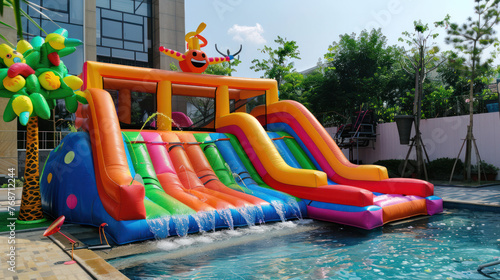 Coloridos toboganes inflables en un patio trasero con una piscina photo