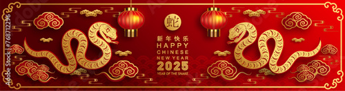 Happy chinese new year 2025 the snake zodiac sign with flower,lantern,asian elements red paper cut style on color background. ( Translation : happy new year 2025 year of the snake ) 