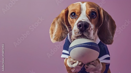 Surreal Beagle Rugby Player Holding Miniature Ball on Purple Background photo