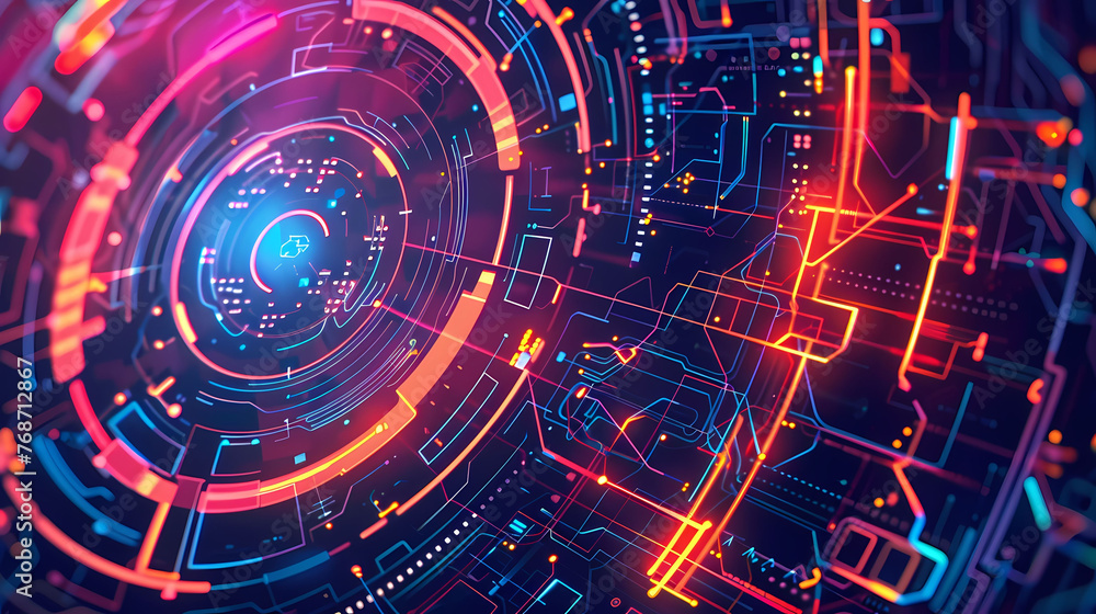 Illustration depicting a futuristic interpretation of cyberspace with abstract circuitry elements. Neon colors, glowing lines, and intricate details