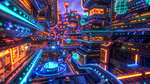 Illustration depicting a futuristic interpretation of cyberspace with abstract circuitry elements. Neon colors, glowing lines, and intricate details