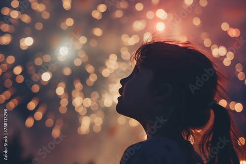 Child Watching Fireworks Light Up Evening Sky