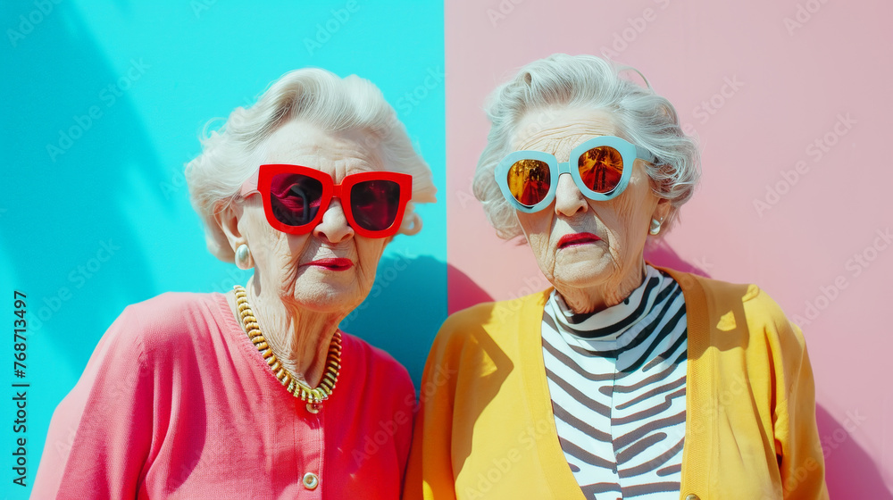 Two stylish older women dressed in bright street funky clothes, modern sunglasses on a bright pastel wall. Generative AI Two stylish older women dressed in bright street funky clothes, modern sunglasses on a bright pastel wall. Generative AI