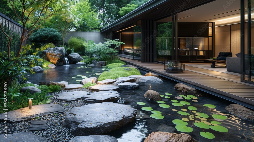 Modern House Exterior with Zen Garden and Koi Pond