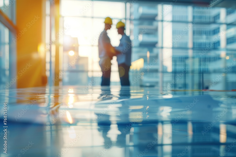 Engineers and Architects Meeting to Plan and Design Buildings, Safety Equipment Inspection, Blurred Image Engineers and Architects Meeting to Plan and Design Buildings, Safety Equipment Inspection, Blurred Image
