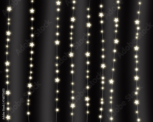 decoration of christmas star string lights on a black blur background