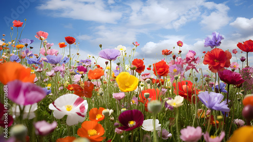 A colorful array of wildflowers blossoms under a blue sky with fluffy clouds, conveying a scene of natural beauty and tranquility