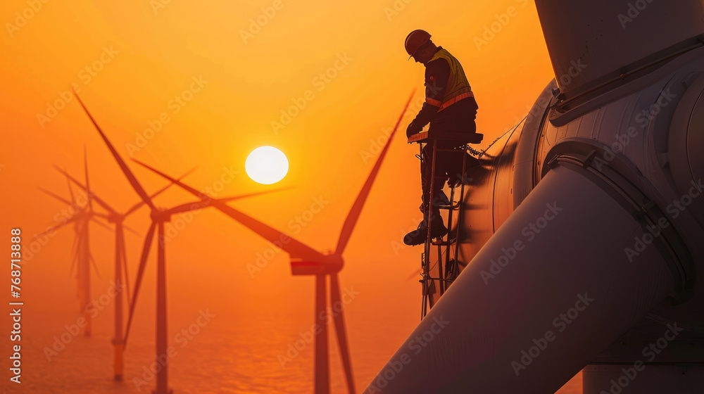 Engineer works on wind turbine in sea, worker perform maintenance of windmill in ocean at sunset. Concept of energy, power, sun, sustainable development, technology