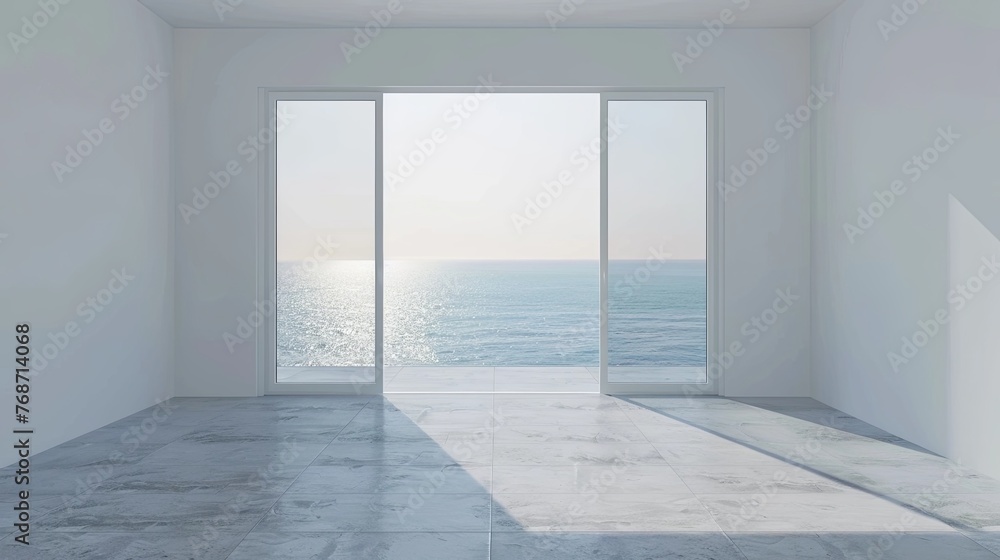 Fototapeta premium 3D rendering of an empty room with a sliding glass door and a view of the sea