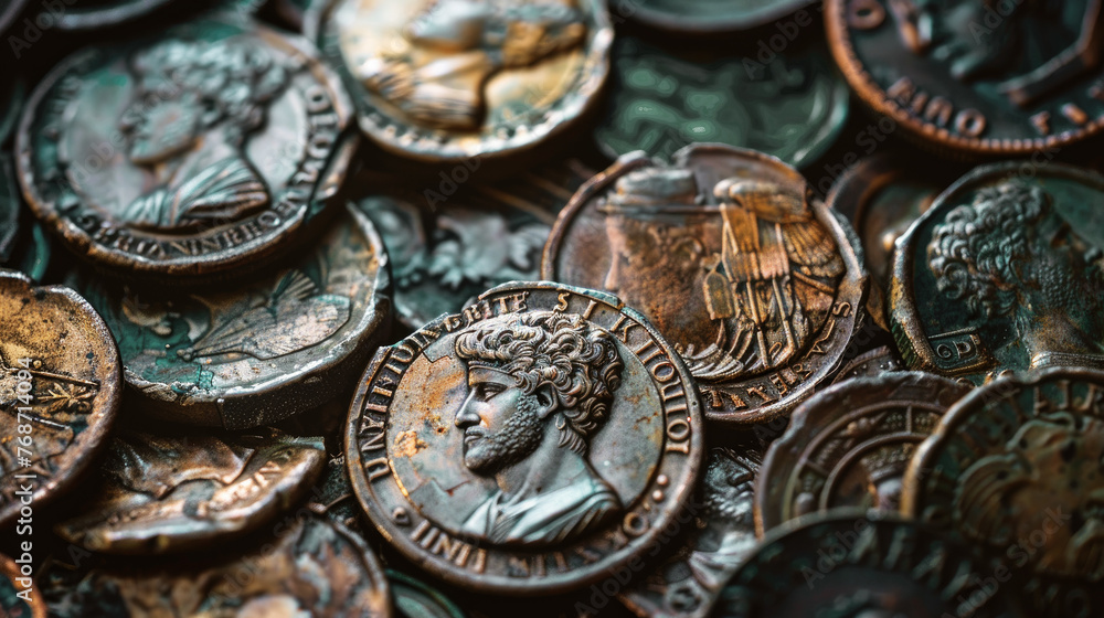 Old Ancient coins background, pile of vintage bronze Greek Roman money close-up. Concept of Greece, antique, collection, currency, treasure and histor