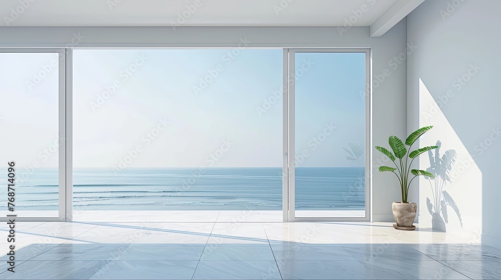 3D rendering of an empty room with a sliding glass door and a view of the sea 3D rendering of an empty room with a sliding glass door and a view of the sea