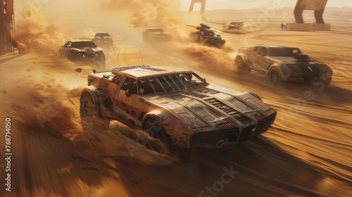 Old car race in desert at post apocalypses, vintage iron vehicle drive fast like fantasy movie. Concept of dystopia, speed, steampunk and apocalyptic future © scaliger