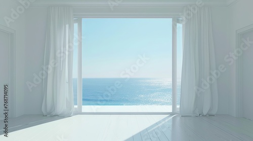 3D rendering of an empty room with a sliding glass door and a view of the sea