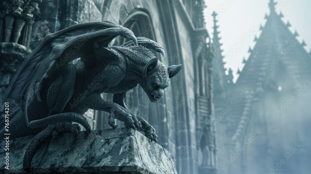 Gargoyle on Gothic cathedral, old monster statue in mist closeup. Vintage stone demon sculpture on church wall background. Concept of scary chimera, devil and fantasy.