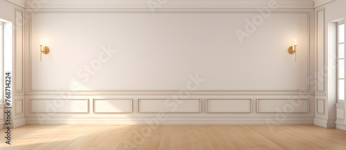 Mock up of empty room with an empty wall and wooden floor, light white and light beige colors