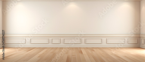 Mock up of empty room with an empty wall and wooden floor, light white and light beige colors © Oksana