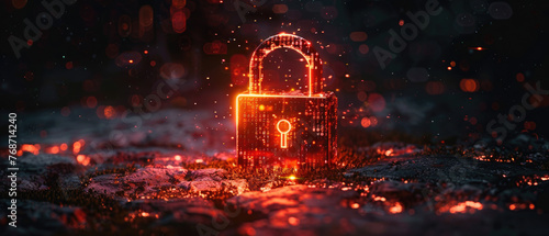 Secure digital space, red hot cyber padlock on dark data background, protection of computer information. Concept of technology, lock, privacy, network, security, art.