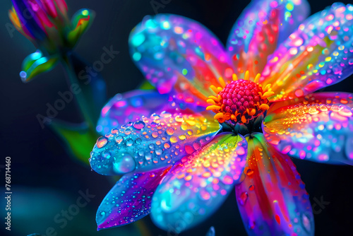 A colorful flower with droplets of water on it. bright and cheerful mood. Colorful flower in neon colors on black background. Abstract multicolor floral backdrop with copy space. Magic fantasy flower