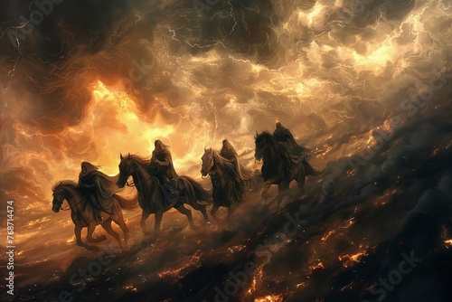 Four horsemen of the apocalypse riding through stormy sky, digital painting illustration