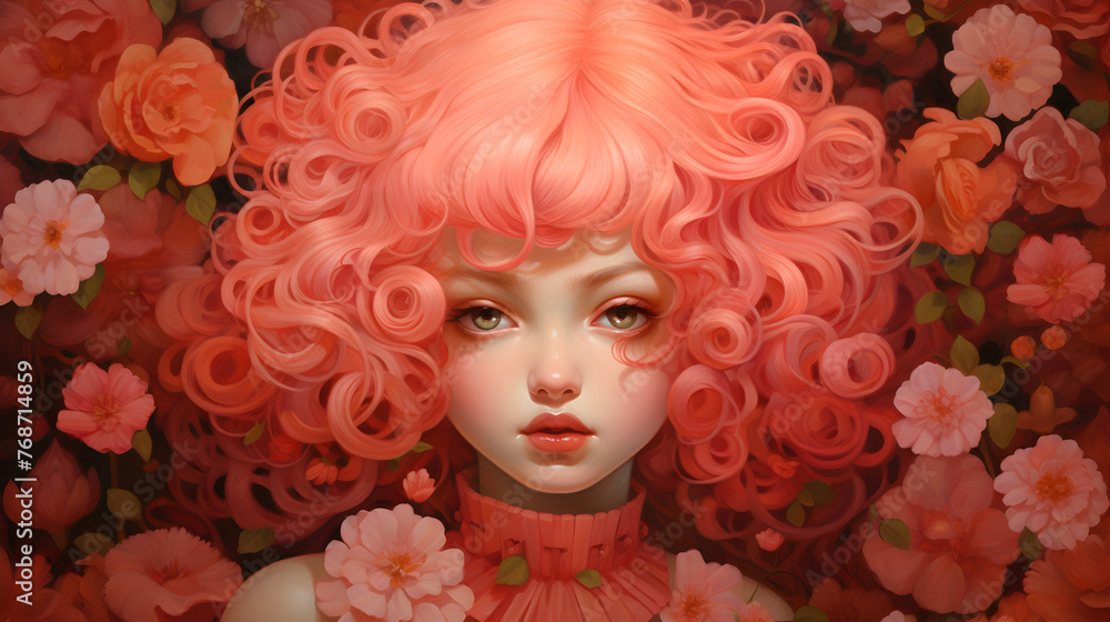 atercolor illustration, a doll with pink curly hair and a porcelain face on a background of flowers