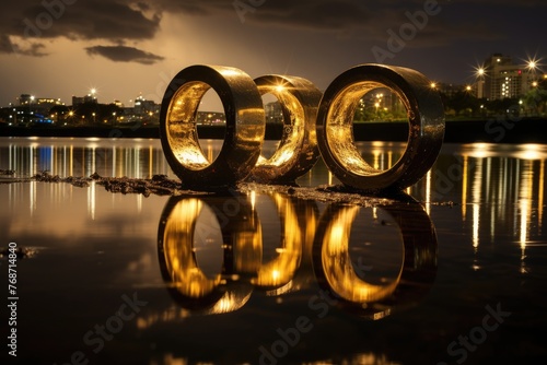 Riverside Reflections: Rings on a riverbank with reflections of city lights. photo