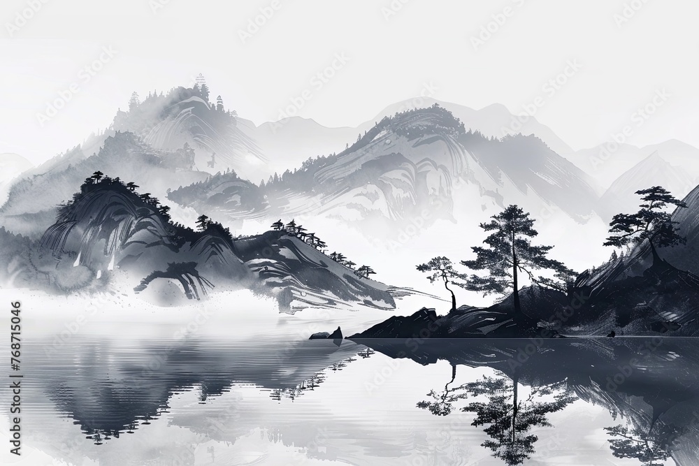 Chinese landscape painting depicts mountains and trees in the ink style with a white background